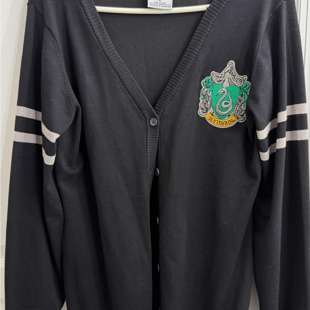 Harry Potter Womens Black Button Front V-Neck Slytherin Cardigan Sweater
